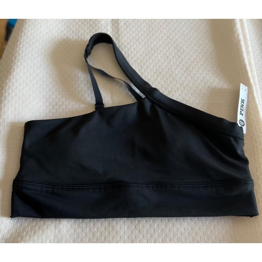 PINK Relay One Shoulder Sports Bra Pure Black Small NWT